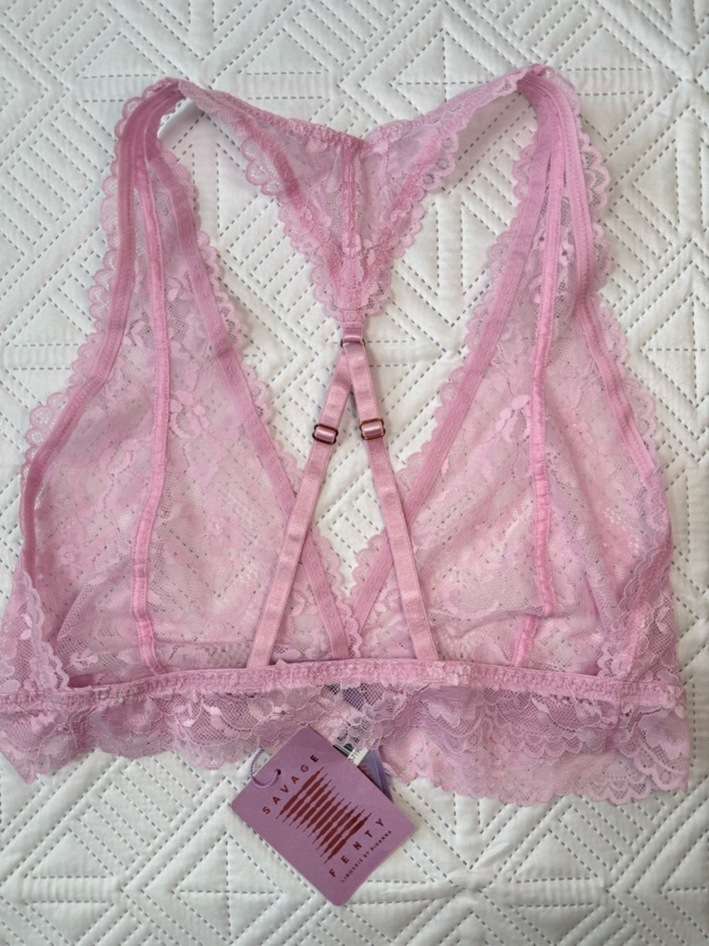 Savage X Fenty Unicorn Lavender Pink Floral Lace Racerback Bralette Size L - Picture 7 of 11